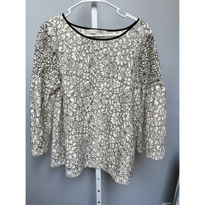 LOFT Women's L Long Sleeve Black and White Lace Top Smocked Blouse